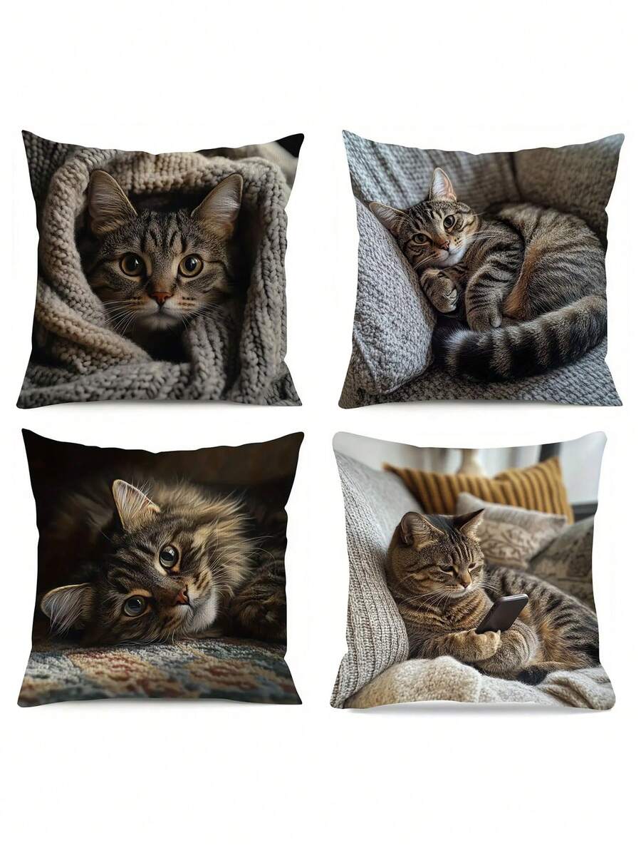 4 款猫咪印花抱枕套 | 17.7x17.7 英寸，现代风格，可机洗，拉链开合，舒适涤纶，单面印花，完美适合现代家居装饰，多功能房间配件 | 异想天开的家居装饰，猫咪装饰，无枕芯 - 彩色 - 查看 1