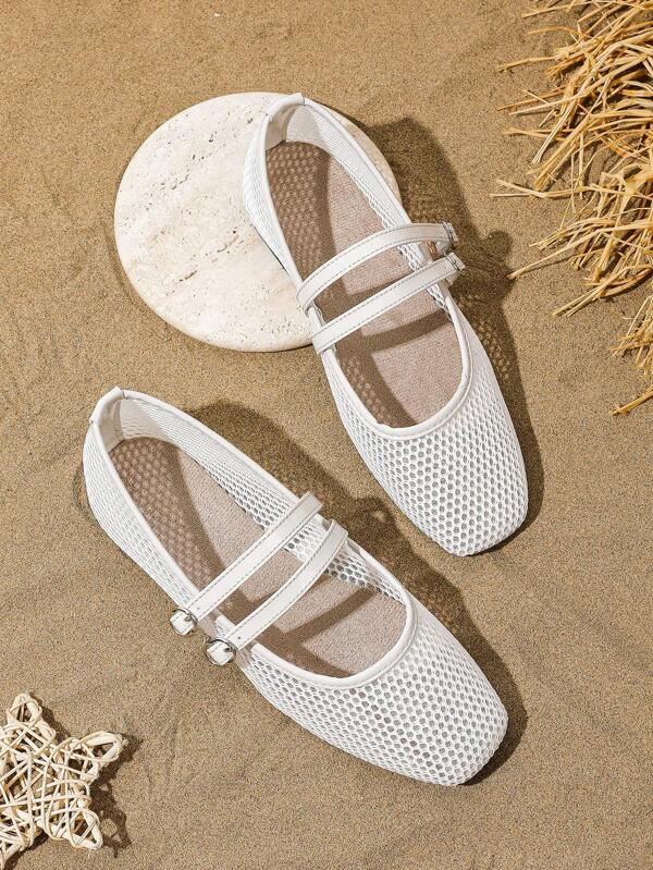 Nuevos zapatos planos de ballet para mujer, color blanco, punta cuadrada, unicolor, zapatos planos casuales transpirables, de moda y cómodos