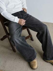 Men's Vintage Washed Black Denim Jeans With Pockets, Rugged Streetwear