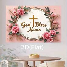1 szt. Niestandardowy baner, tło z motywem błogosławieństwa w postaci kwiatowego krzyża, różowa róża i zielone rośliny, nadaje się na dekorację urodzinową