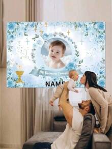 1 szt. Spersonalizowany, spersonalizowany, ręcznie robiony, uroczy niebieski kwiatowy wianek w kształcie krzyża, dekoracja chrztu, możliwość personalizacji imienia i zdjęcia, odpowiedni do pokoju dziecięcego, salonu, tła