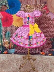 Children's Dress June Party Caipira Saint John Plaid Bow Square Dance School Fair Arraiá Northeast Costume Popcorn Queen Little Girl Girl Festivity Ruffle Youth Typical June Party - 淺粉色 - 查看 1
