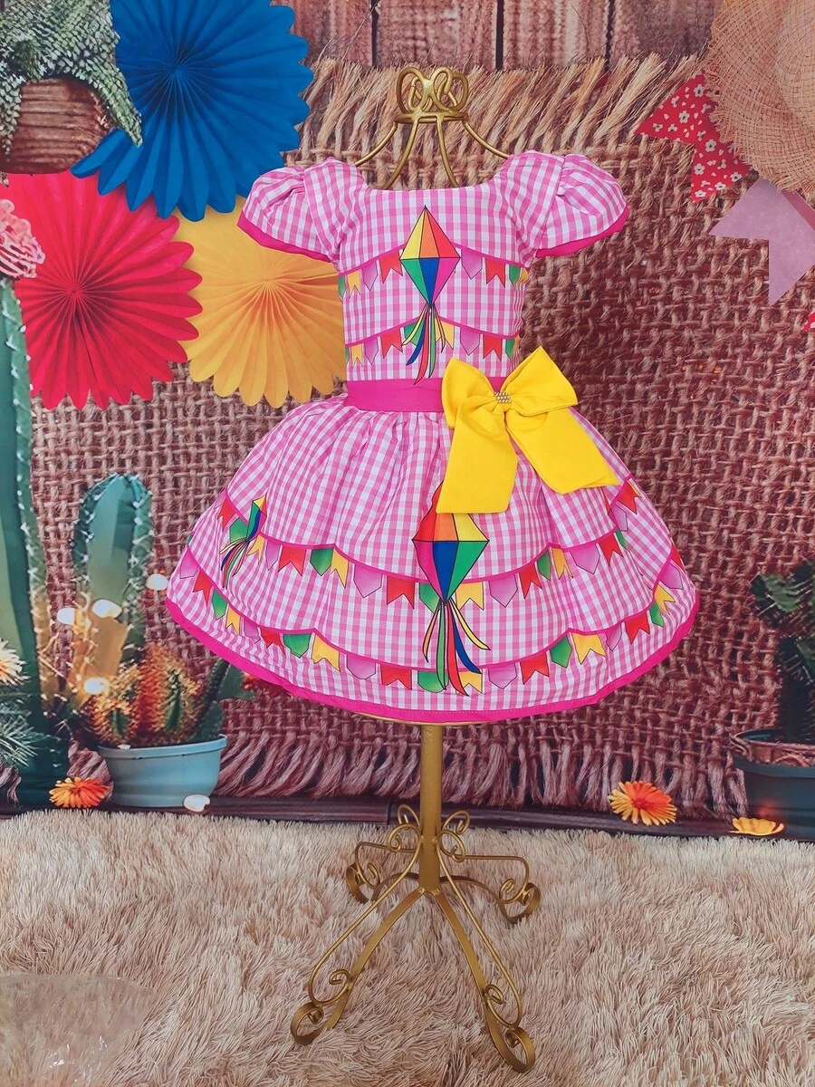 Children's Dress June Party Caipira Saint John Plaid Bow Square Dance School Fair Arraiá Northeast Costume Popcorn Queen Little Girl Girl Festivity Ruffle Youth Typical June Party - 淺粉色 - 查看 1