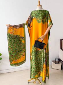 1pc Faux Silk Printed Robe, Shawl & Small Scarf Set, Women Coverup For Beach, Sun Protection, Daily Wear