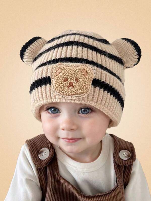 1pc Kids Knitted Hat, Gradient Color Design, Casual & Versatile, Warm For Autumn/Winter, Baby Knitted Cap, Bear Pattern, Suitable For Boys & Girls, Cute Striped Beanie