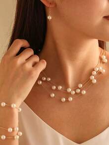 3pcs Elegant Fashion Necklace, Bracelet, Earring Set, Multi-Layer Pearl Chain Jewelry, Suitable For Wedding, Bride, Evening Party