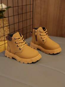 1 Pair Toddler/Kids Soft Suede PU Boots, Front Lace-Up, Side Zipper, Round Toe, Soft Sole, Retro British Style, Warm & Cute, Suitable For Boys & Girls, Everyday & School Wear, Autumn/Winter