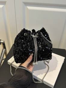 带闪亮亮片的迷你水桶包，抽绳开合，适合聚会和休闲活动的单肩包，简约风格，可转换为单肩包、斜挎包或背包 - 黑色 - 查看 8