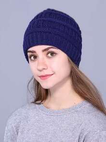 1 Stück gestrickte Beanie Mütze, warm gefüttert, vielseitig, lässig, Polyester, einfarbig, geeignet für Herbst/Winter