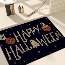 1pc Halloween Pumpkin Pattern Printed Non-Slip Linen Kitchen Rug, Doormat, Bath Mat, Suitable For Living Room, Bedroom, Hallway, Bathroom, Laundry Room - Polyester Carpet, Indoor Outdoor Home Decor, Halloween Decoration, Halloween Gift