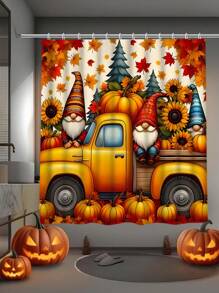 Autumn Pumpkin Shower Curtain Set, Includes Non-Slip Rug, Toilet Lid Cover, Bath Mat, And 12 Hooks - Woven Polyester, Waterproof, Dry Clean Only Bath Decor Accessories