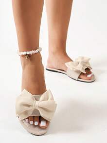 女士平底凉鞋，2025新款蝴蝶结户外软底轻便透气平底沙滩拖鞋，休闲夏季凉鞋 - 米色 - 查看 3