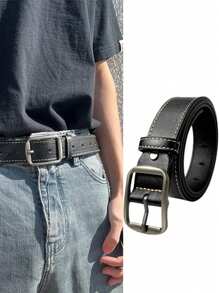 1pc Square Buckle Casual Black Belt, Minimalist Fashion Belt Suitable For Daily Use, Can Be Given As A Gift To Boyfriend Or Elders, Summer, School Fall, Autumn, Halloween Autumn-Winter Accessories,Suitable For Teens, Youth,Men,Casual, Outdoor, Athletic, Vacation, Graduation Gifts, Birthday, Daily Wear - Black - View 1