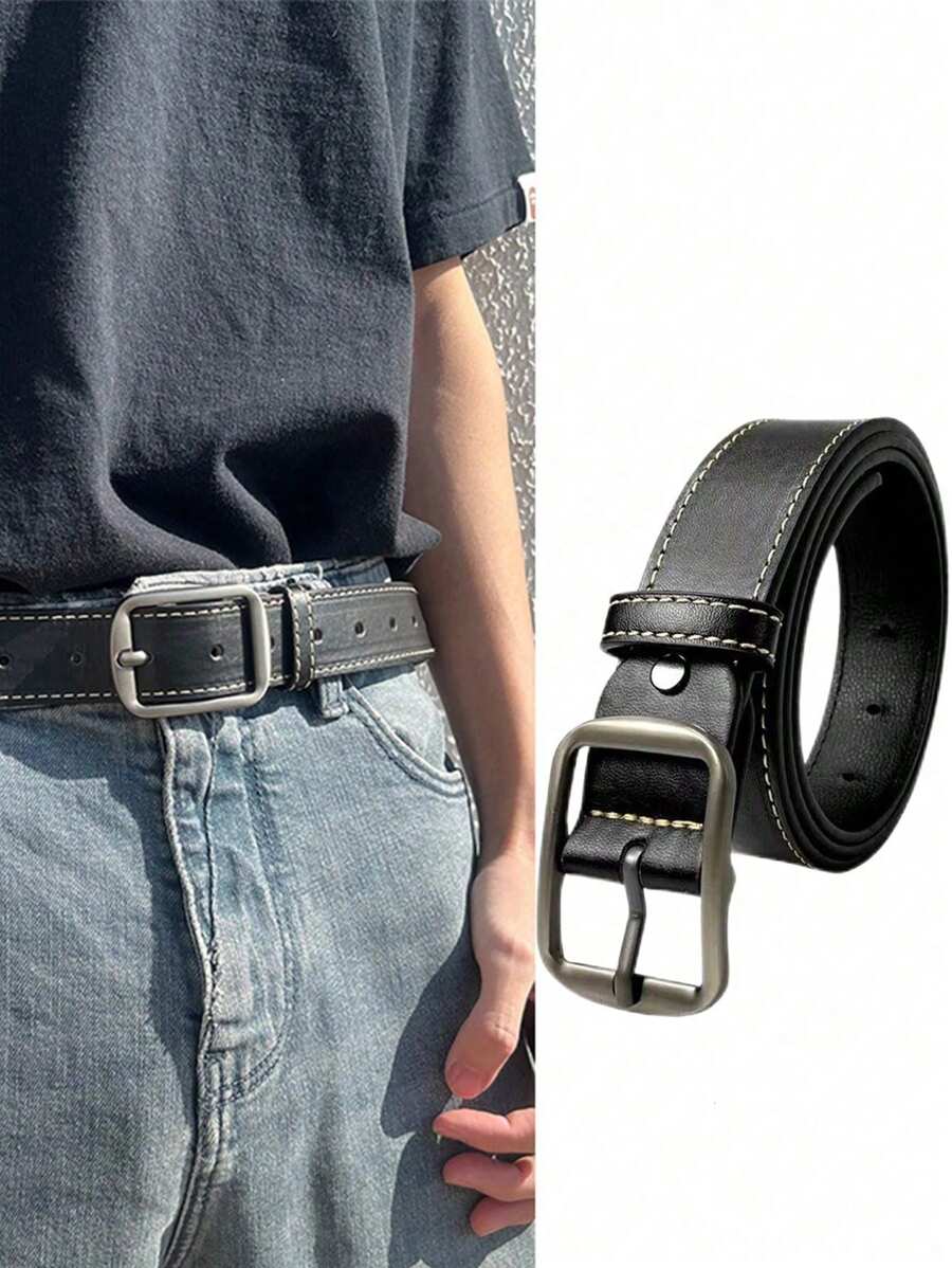 1pc Square Buckle Casual Black Belt, Minimalist Fashion Belt Suitable For Daily Use, Can Be Given As A Gift To Boyfriend Or Elders, Summer, School Fall, Autumn, Halloween Autumn-Winter Accessories,Suitable For Teens, Youth,Men,Casual, Outdoor, Athletic, Vacation, Graduation Gifts, Birthday, Daily Wear - Black - View 1