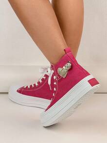 Women High-Top Thick-Sole Rhinestone Glitter Lace-Up Sneakers, Cute & Casual For Walking, Commuting, And Sport - Rose Red - View 5