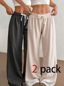 2 pack/2 pacPantalones anchos de algodón y lino para mujer, holgados, con cordón y cómodos - Blanco y Negro - Ver 1