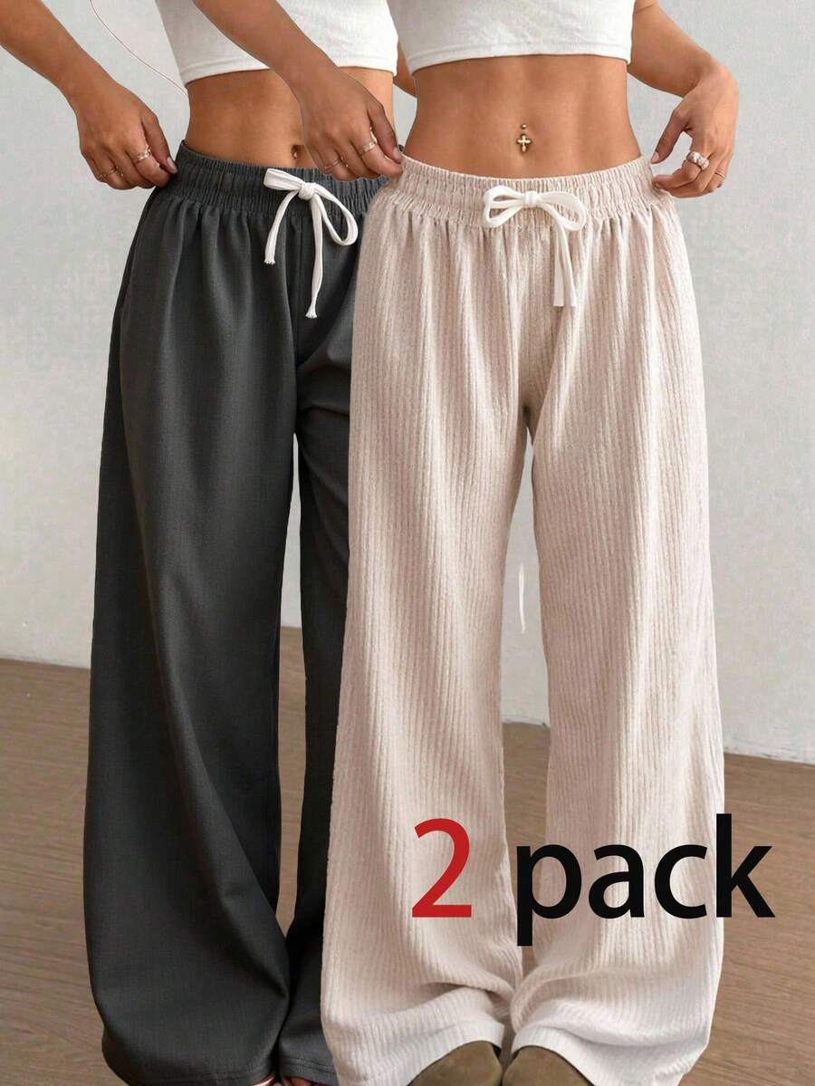 2 pack/2 pacPantalones anchos de algodón y lino para mujer, holgados, con cordón y cómodos - Blanco y Negro - Ver 1