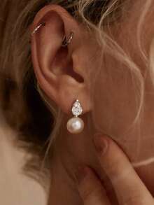 1 对 S925 纯银合成锆石水滴形珍珠耳钉，优雅优质女士珠宝，适合作为送给爱人或母亲的礼物 - 銀色 - 查看 2