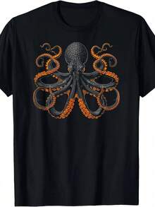 Men's Retro-Inspired 180g Octopus Graphic T-Shirt - Unique Design Tee - Black - View 1