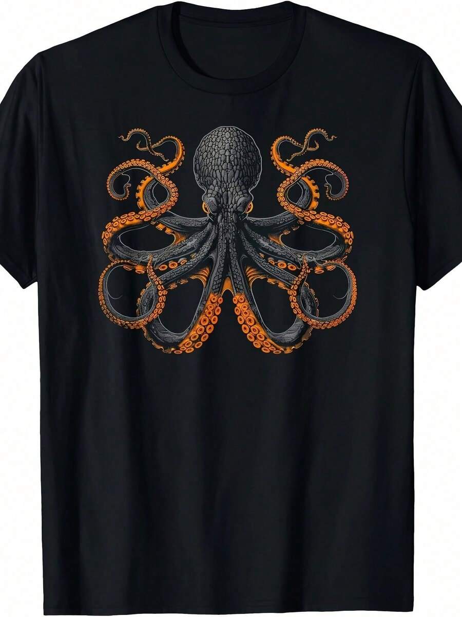 Men's Retro-Inspired 180g Octopus Graphic T-Shirt - Unique Design Tee - Black - View 1