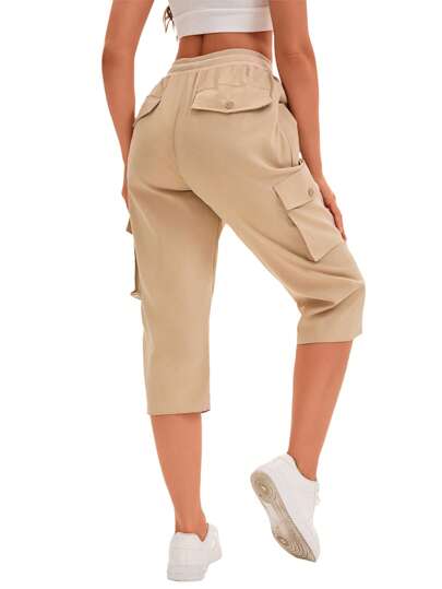2025 Summer Women's Fashion Utility Capri Pants With Elastic Waistband And Pockets, Casual Streetwear