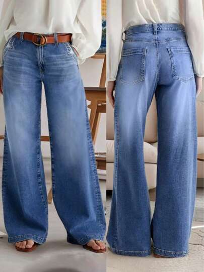Women's Casual And Elegant Wide-Leg Jeans, Made Of Medium-Stretch Washed Fabric, Comfortable All Day Long.