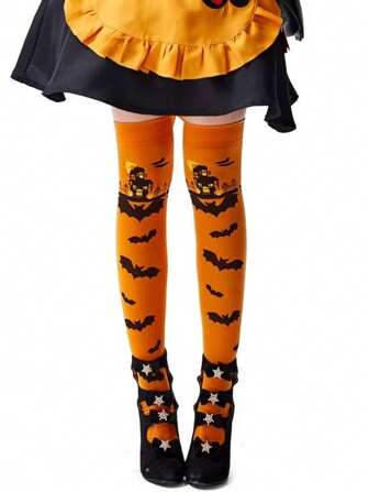 1 Pair New Halloween Socks With Printed Pumpkin, Ghost Face, Bat Design Over-The-Knee Socks For JK Girls Cosplay, Spooky Festival