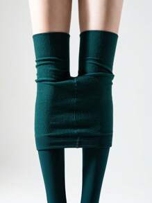 1 Pair Women's Olive Green Fleece Tights, Elastic Figure-Hugging Soft Brushed Tights For Spring & Autumn, Cozy - Dark Green - View 6