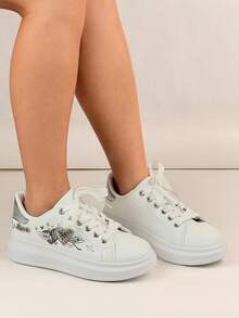 Lace-Up Casual Sneakers With Embroidered Design, Thick Sole, Unisex Athletic Shoes For All Seasons - Silver - View 2