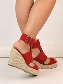 Platform Wedge Thick Bottom Peep Toe Waterproof Chunky Sole Sandals, Fashionable And Versatile European Style - Red - View 6