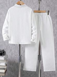 2pcs/Set Tween BoysCrinkle Long Sleeve Shirt With Pockets And Casual Pants Suit, Gentleman Style, Ages 8-12, Spring/Autumn - White - View 2