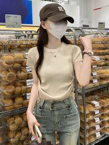 女式纯色收腰褶饰日常夏季短袖针织上衣 - 杏色 - 查看 4