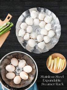 3/1 件不锈钢可折叠蒸架，带滴水盘，可调节设计，适用于蒸水果、蔬菜、海鲜 - 銀色 - 查看 8