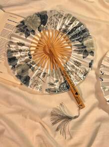 1 件个性化手持折扇，专为女性设计的精美折扇，带流苏的圆形折叠手扇，经典中国手工便携式贝壳扇形冷却风扇，扇面上随机分布的花朵图案，时尚配饰、夏季配饰、艺术配饰，适用于母亲节、圣诞节、舞蹈练习、朋友礼物、毕业典礼礼物、奖品等。