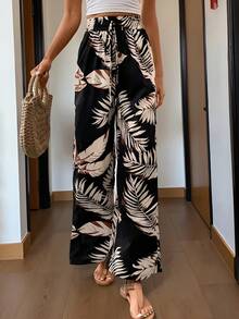 Women's Bohemian Style Tropical Print Pajama Pants - Leaf Design, Loose Fit, Perfect For Summer Nights, Casual Pants | Tropical Print Pants | Vacation - Black - View 3