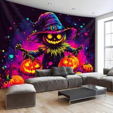 2D 单件夜光南瓜挂毯 - UV 反应荧光墙饰，带有异想天开的女巫帽设计，大号桃色和米色面料，适用于万圣节派对装饰、卧室和客厅墙壁艺术（无需安装）、万圣节家居装饰、节日房间装饰、几何图案装饰、高品质印刷、设计师内饰 - 1PCS - 查看 2