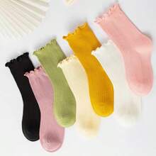 1/2/3/7 双随机儿童纯色木褶边袜子，春夏秋季糖果色蕾丝袜，女童袜子，舒适柔软，网眼透气，运动时尚中筒儿童袜子，适合日常穿着