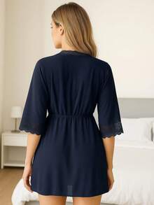 Hobby Lace Detail Nightgown Iza Luxurious Robe - 藏蓝色 - 查看 2