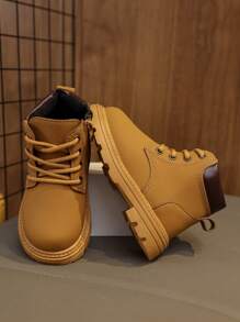 1 Pair Toddler/Kids Soft Suede PU Boots, Front Lace-Up, Side Zipper, Round Toe, Soft Sole, Retro British Style, Warm & Cute, Suitable For Boys & Girls, Everyday & School Wear, Autumn/Winter