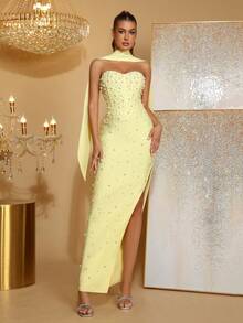 Đầm phù dâu cúp ngực, xẻ cao đến đùi, đính ngọc trai giả, thích hợp cho các dịp tiệc tùng. - Màu Mù tạt vàng - Xem 3