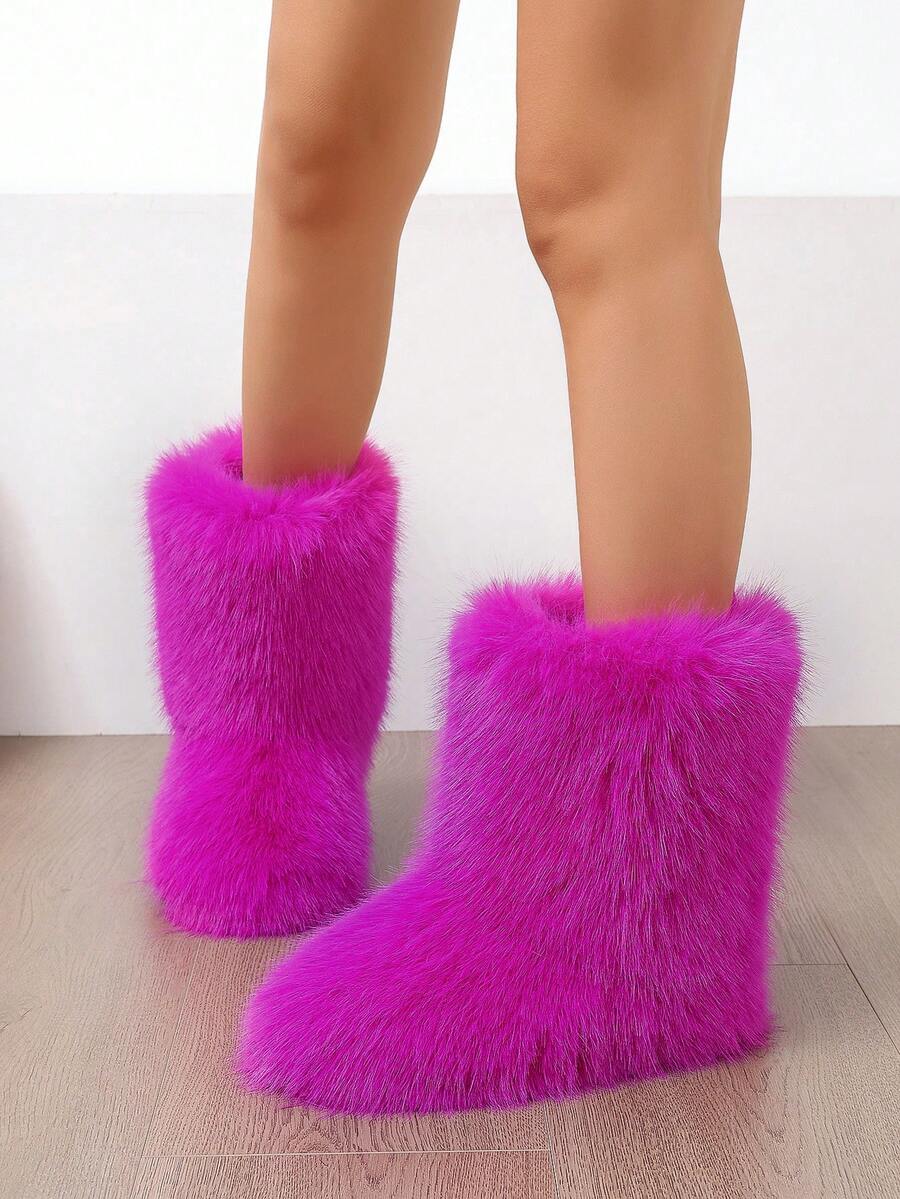 Women's Furry Faux Fur Boots Fuzzy Fluffy Mid Calf Snow Boots Suede Warm Fur Lined Booties Flat Fashion Boots - Màu Hồng Tươi - Xem 1