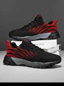 Men's Casual Sports Shoes, Breathable Mesh Casual Shoes, Fashion Men's Shoes, Lace-Up Outdoor Running Shoes - Black and Red - View 2