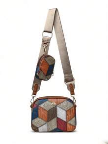 Contrast Color Geometric Decor Metal Accent Crossbody Bag, Suitable For Women's Daily Use - Multicolor - View 6