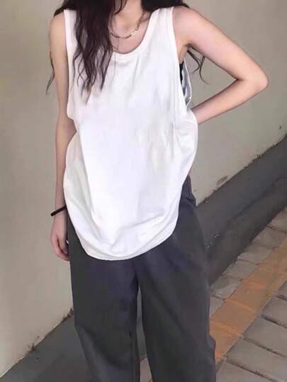 女式白色宽松运动背心，夏季