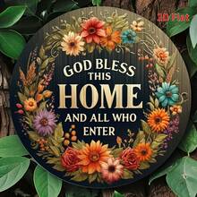 2D Flat Printing, An 8 * 8 Inch Aluminum Metal Sign That Says 'God Bless This Home And All Who Enter', A Welcome Circular Wreath Sign, Wreath Sign, Porch Decoration, Door Decoration, Scene Decoration. - Metal Spray Paint - View 1