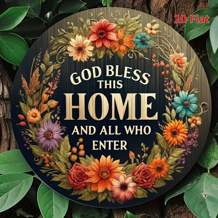 2D Flat Printing, An 8 * 8 Inch Aluminum Metal Sign That Says 'God Bless This Home And All Who Enter', A Welcome Circular Wreath Sign, Wreath Sign, Porch Decoration, Door Decoration, Scene Decoration. - Metal Spray Paint - View 1
