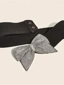 1 pieza Cinturón elástico de cintura sólido con moño de strass, adecuado para body brillante de mujer, versátil para uso diario, regalo de Navidad, todo el año