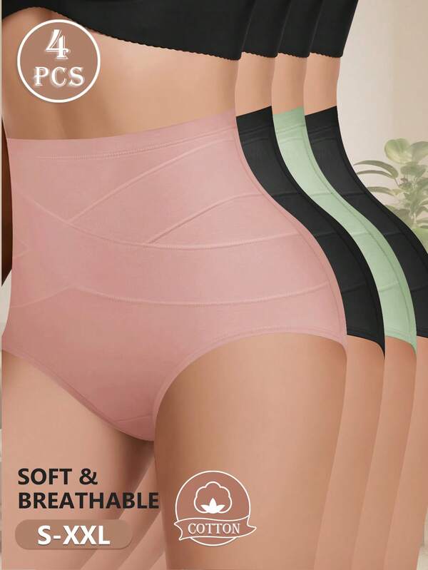 MEIYATING 4pcs/Pack Women's High Waist Cotton Briefs, Tummy Control & Butt Lifting, Criss-Cross Fit Panties