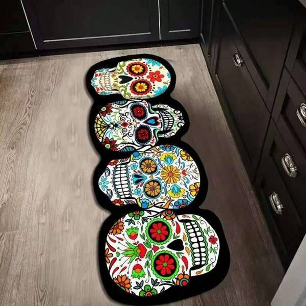 1pc Creative 4 Skull Halloween Velvet Decorative Carpet, Suitable For Living Room, Dining Room, Study, Bedroom, Entrance, Unique & Fashionable Home Decor, New Design, Soft & Skin-Friendly Material