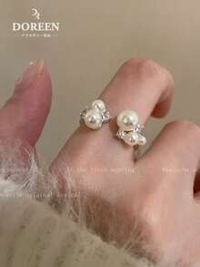 Free Shipping Pearl Zirconia Open Ring Silver Ladies Summer 2025 New Arrival Lightweight And Elegant High Class Index Finger Pinky Ring Design Metal Allergy Unique Korean Simple Elegant Ring Fashionable Accessory Jewelry Gift Present Delicate - Silver - View 2
